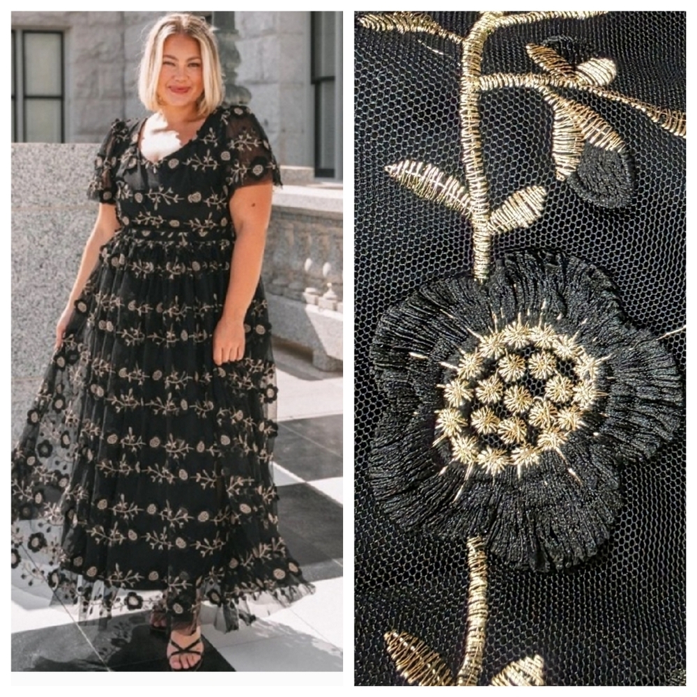 Ivy City Co Athena Floral Embroidered Applique Mesh Tulle Modest Dress